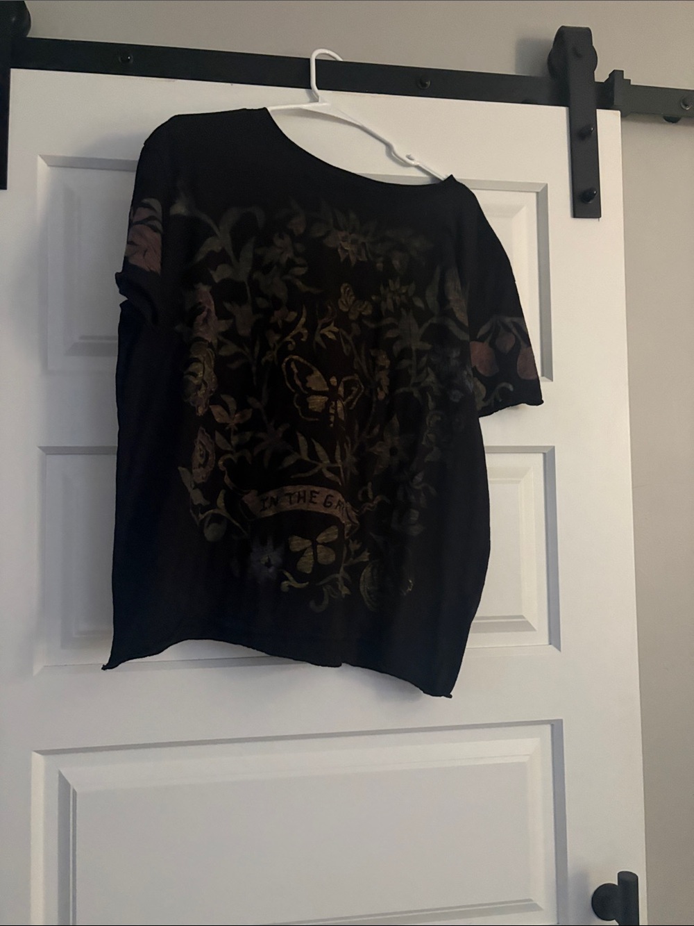 Free People Black Short Sleeve Graphic Tee with Brown-Gold Floral Print